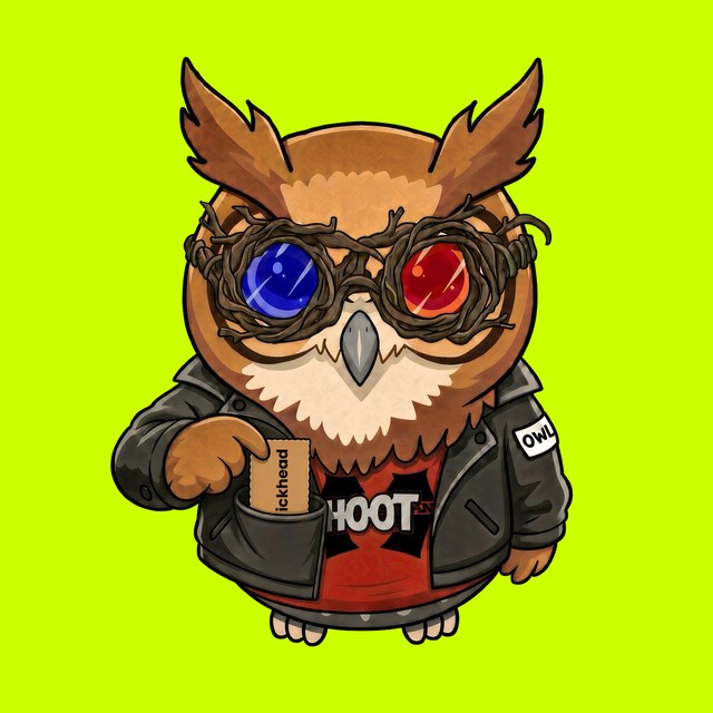An owl in a leather jacket tucking an ickhead card into his pocket