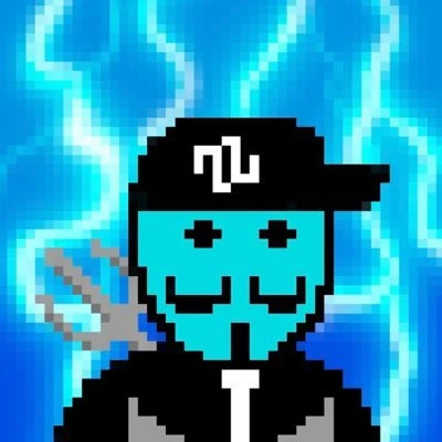 Ginja Ninja's MASKED PFP: a pixel-art mask in a cap on a blue lightning background