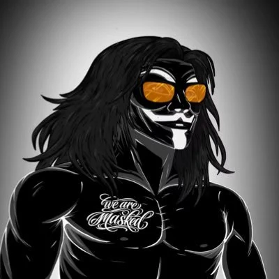 MDX3K's MASKED PFP: a dark masked figure with long hair and orange glasses
